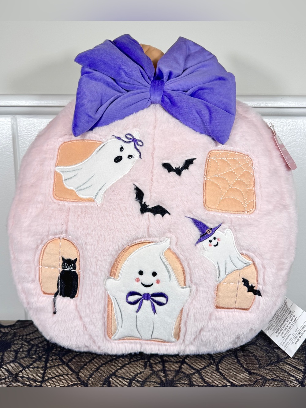 NEW Pink Pumpkin Haunted House with Purple Bow Halloween Pillow